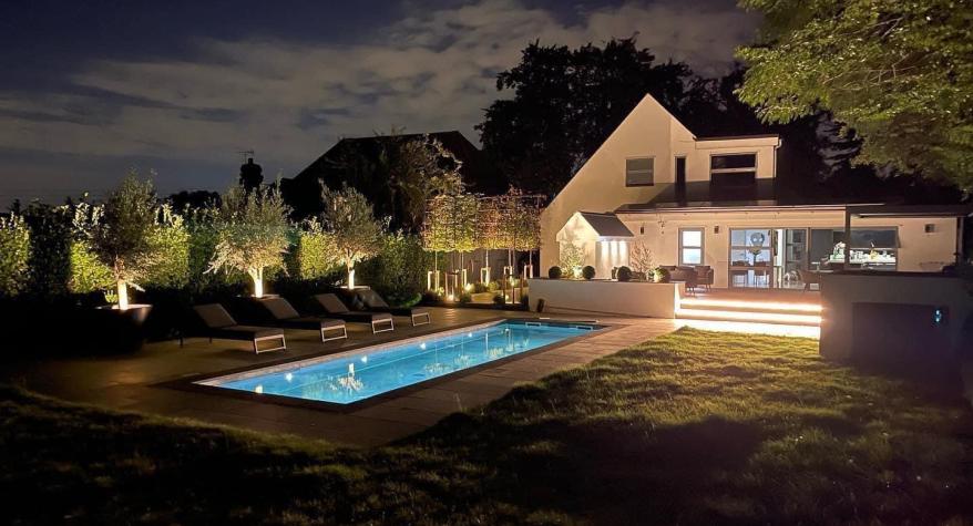Swimming Pool Lighting With Pump House And Garden Power & Lighting